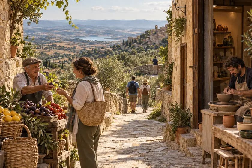 Immagine concettuale di coltivatori e artigiani locali nel paese