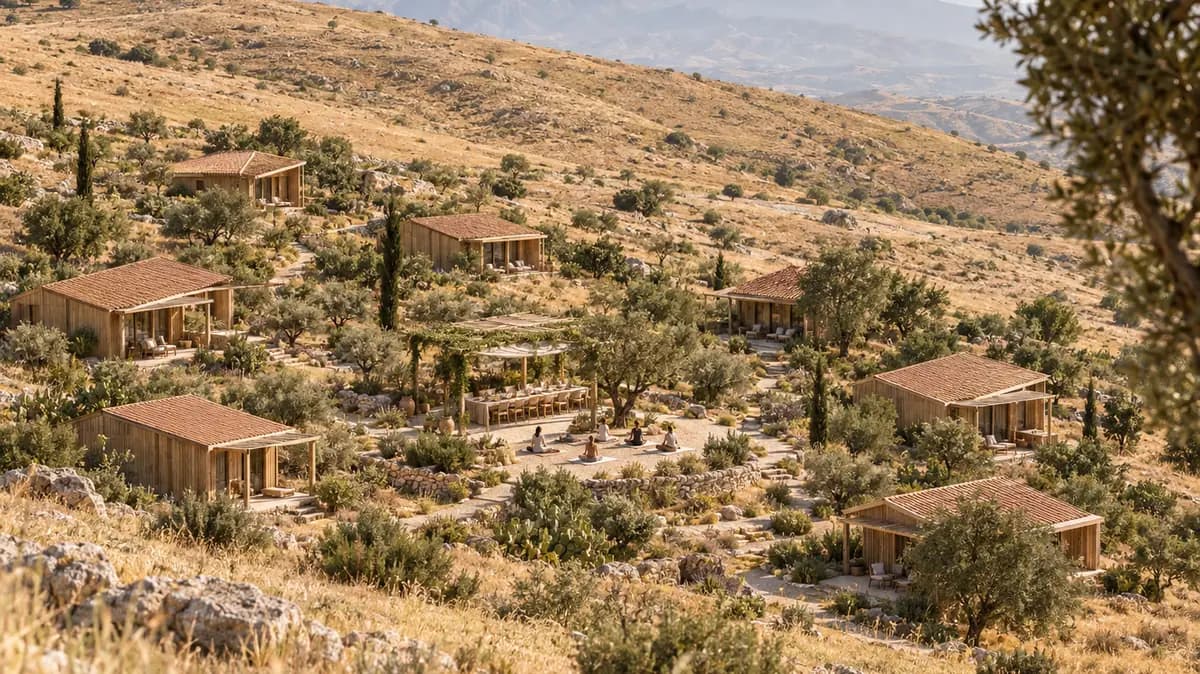 Concept visual of Zabut's timber guest houses among olive trees
